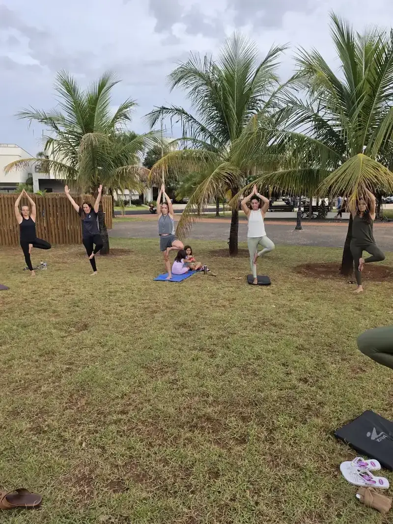 Grupo em postura da árvore em aula de yoga ao ar livre em Uberlândia
